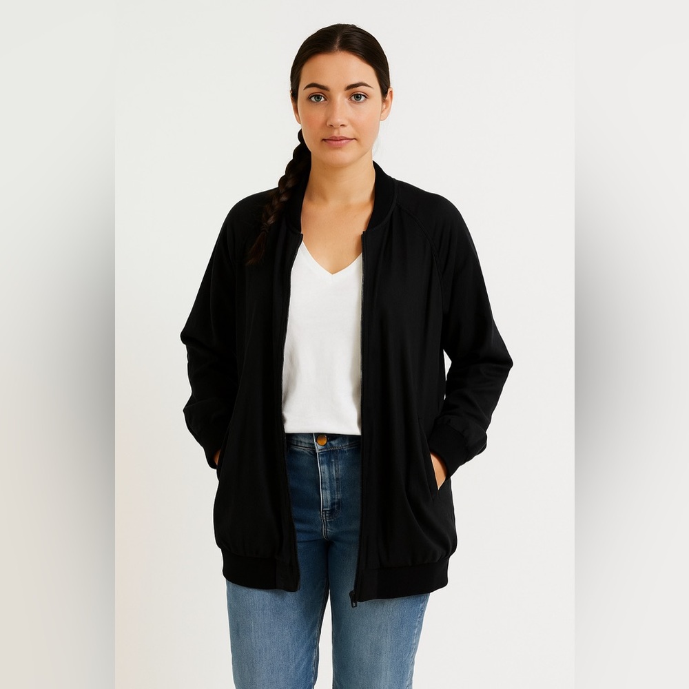 Love Tree | Black Linen Blend Long Zip-Up Bomber Jacket Pockets Lightweight